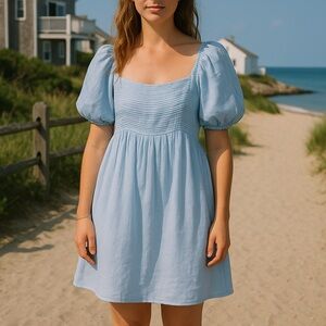 NWT Abercrombie & Fitch Sky Blue Emerson Poplin Puff Sleeve Mini Dress Sz M